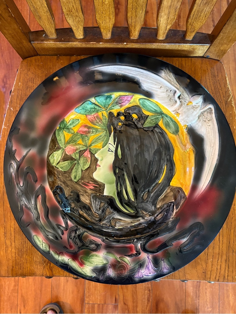 Vintage CICO Germany Art Nouveau Relief Wall Charger Plate Woman Doves 16” #736